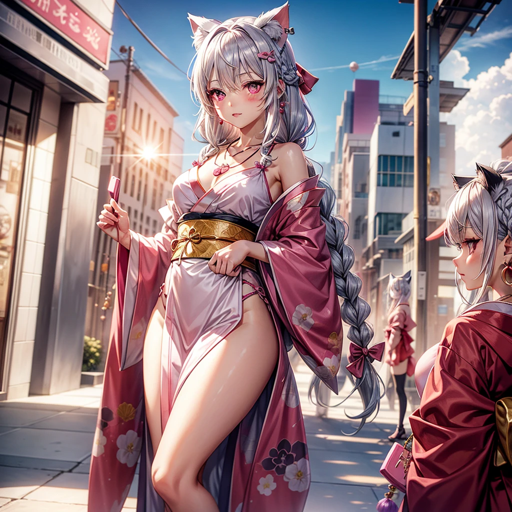 Silver hair, pink eyes, body, cat ears, sexy girl, earrings, cloud and sun background, hair bows, mitsuri, red pink kimono, bells necklace, braids