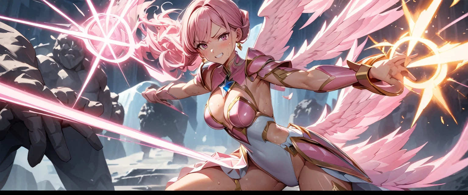 (Perfect Anatomy)、Mastepiece、Ultra High Quality、 8K、masterpiece、Highest quality、Ultra-high resolution、Maximum resolution、Very detailed、Professional Lighting、anime、woman、thin、so beautiful、Highly detailed eye、Highly detailed face、Golden earrings、Pink Hair,、Pink eyes, upper arm pink armor, white leotard, pink pattern, (((full body))), magical woman, Angel Girl, fighting pose, (((shoot magic from your hands))), sweat, magic attack, (fight multiple golem1.3), angry, From the side