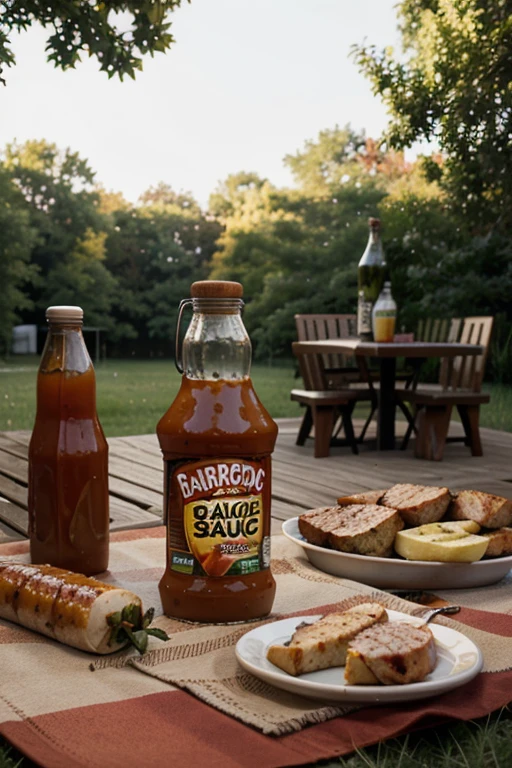[Cut to a shot of the BBQ sauce bottle placed prominently on a picnic table, surrounded by happy people enjoying their meal.]