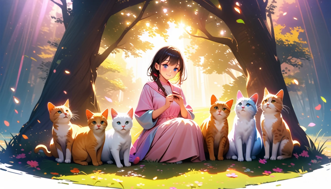 girl, Cute, Kittens, play, USA, beautiful detailed eyes, beautiful detailed lips, extremely detailed eyes and face, Long eyelashes, fluffy fur, Sun Ray, Colorful flowers, happy expression, soft grass, gentle breeze, happiness, friendship, Natural environment, bright colors, playful atmosphere, amazing, Innocence, harmony, spring, youthful energy, Sun Ray filtering through the trees, warm and inviting, cheerful, peaceful, amazing, a magic moment [art:1.1], Striking illustration, A high resolution, bright colors, studio lighting, exquisite details, Photorealistic, charming, touching, Live composition, master strokes, breathtaking, charming, amazing scene, perfect harmony between the girl and the Kittens, high contrast, complex parts, volumetric lighting, (dynamic composition:1.0), very detailed, Colorful details, (iridescent colors), Glowing Lighting, atmospheric lighting, Dreamy, magic, (One), lens flare, (Colorful:1.0), cinematic light, A high resolution, sharp focus, smooth, Colorful light, particles,