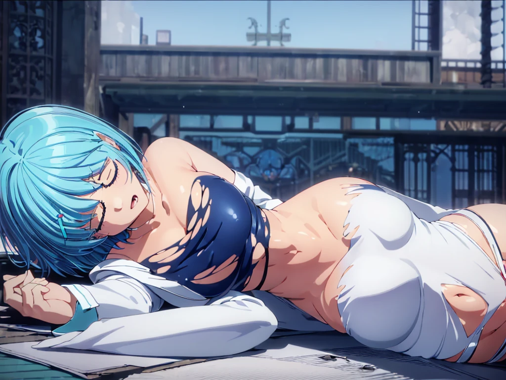 masterpiece, best quality, high quality, exquisite, beautiful, short hair, aqua hair, aqua eyes, tsurime, slant eyes, pale skin, shiny skin, huge breasts, glamorous, voluptuous, curvy, , (((navy leotard,))) (((white lab coat,))) glasses, ager, (((black thighhighs,))) ((((torn clothes,)))) ((tearful,)) embarrassed, (((lying on back,))) ((blush,)) (((painful scene,))) ((((Scene of Defeat,)))) ((closed eyes,)) ((open mouth,))
