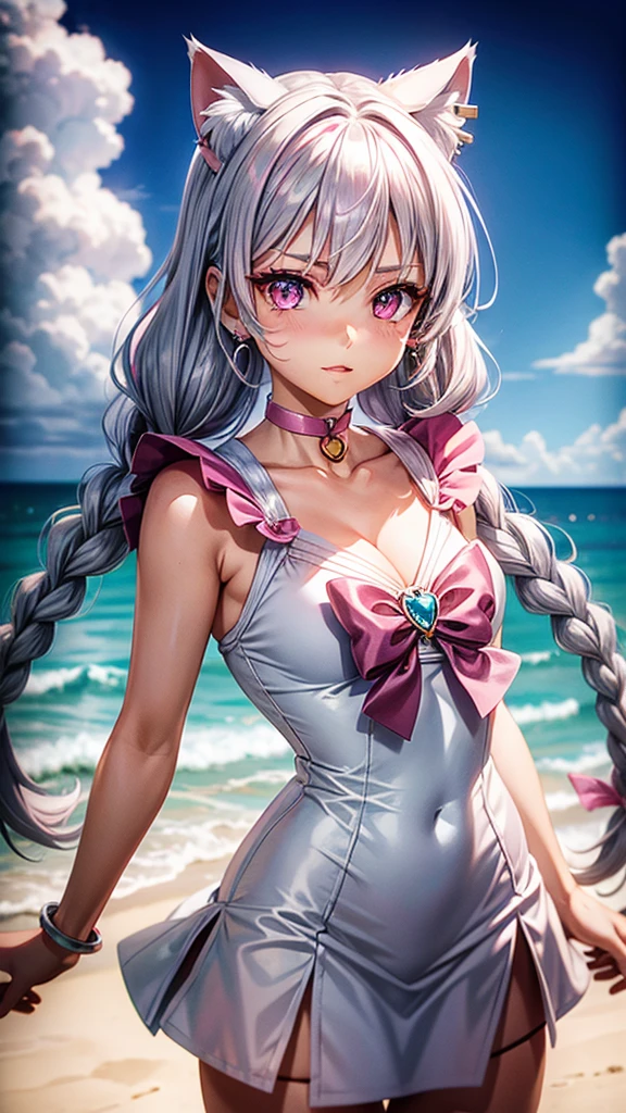 Silver hair, pink eyes, body, cat ears, sexy girl, earrings, cloud and sun background, hair bows, sailor scout dress, pink red, choker necklace, anime, braids