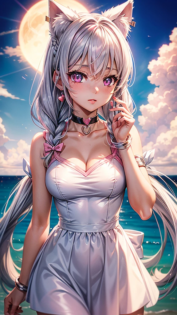 Silver hair, pink eyes, body, cat ears, sexy girl, earrings, cloud and sun background, hair bows, sailor scout dress, pink red, choker necklace, anime, braids 