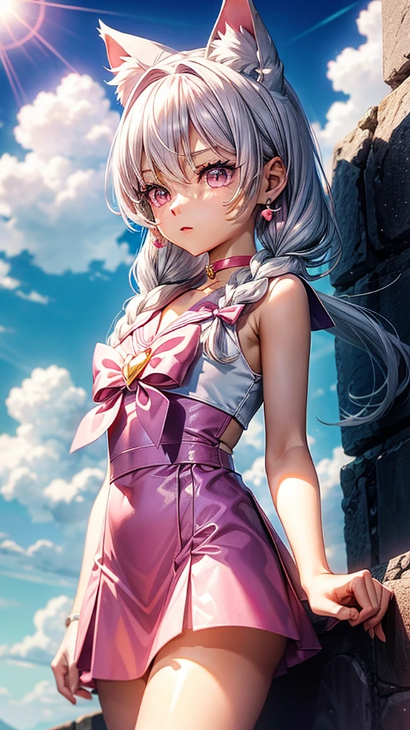 Silver hair, pink eyes, body, cat ears, sexy girl, earrings, cloud and sun background, hair bows, sailor scout dress, pink red, choker necklace, anime, braids