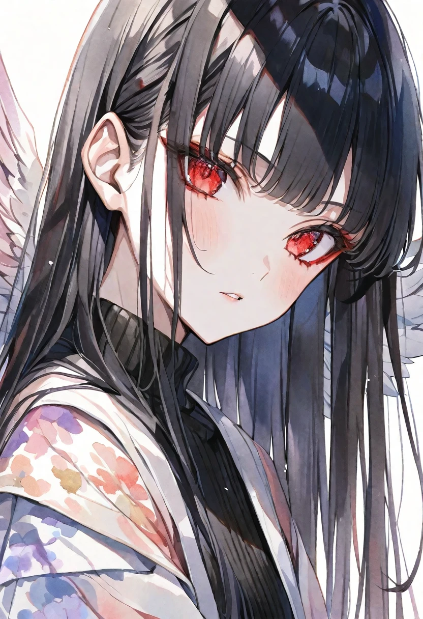solo,handsome,Watercolor,
1. Female,
bangs,Straight Hair,long Hair,
black hair, Gojo Satoru,angel wing,
red Eyes,
Black knit,オフショル ,
skin,Silver Accessories,
White background,
