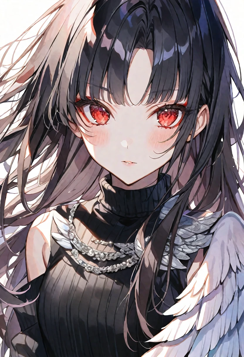 solo,handsome,Watercolor,
1. Female,
bangs,Straight Hair,long Hair,
black hair, Gojo Satoru,angel wing,
red Eyes,
Black knit,オフショル ,
skin,Silver Accessories,
White background,