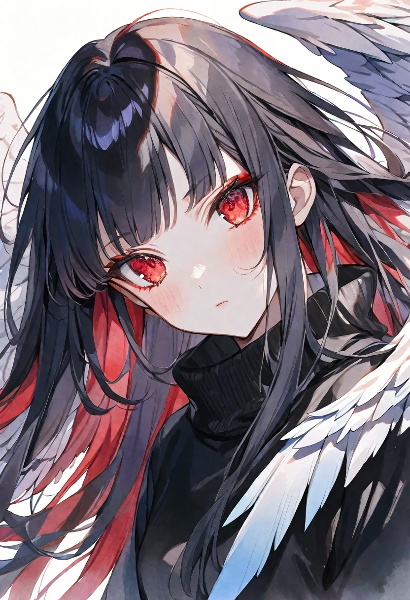 solo,handsome,Watercolor,
1. Female,
bangs,Straight Hair,long Hair,
black hair, Gojo Satoru,angel wing,
red Eyes,
Black knit,オフショル ,
skin,Silver Accessories,
White background,