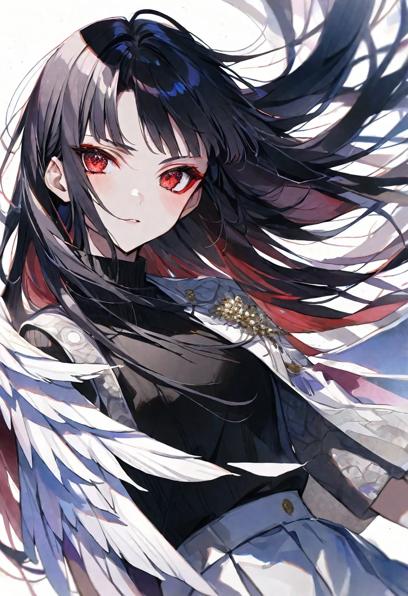 solo,handsome,Watercolor,
1. Female,
bangs,Straight Hair,long Hair,
black hair, Gojo Satoru,angel wing,
red Eyes,
Black knit,オフショル ,
skin,Silver Accessories,
White background,