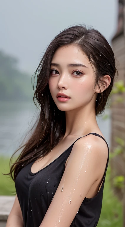 (Highest quality, 4K, masterpiece :1.3), Beautiful woman, One girl, sexy :1.1, Dark brown hair: 1.1, (It rained and I got wet, Raindrops, Wet body :1.2), White tank top, Highly detailed face, Detailed lips, Fine grain, double eyelid