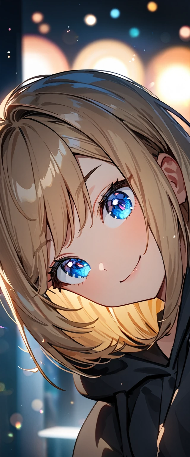 (((One girl))), blond hair, bob cut, (upper body), (looking at viewer), breasts, teenager, head tilt:1.3, (((blue eye))), (from side), selfie, ((happy smile)), black hoodie, black shorts:1.3, anime style, (best quality, 4k, 8k, highres, masterpiece:1.2, ultra-detailed, ultra-detailed eyes, HDR, UHD, studio lighting, ultra-fine painting, sharp focus, physically-based rendering, extreme detail description, professional, vivid colors, bokeh)