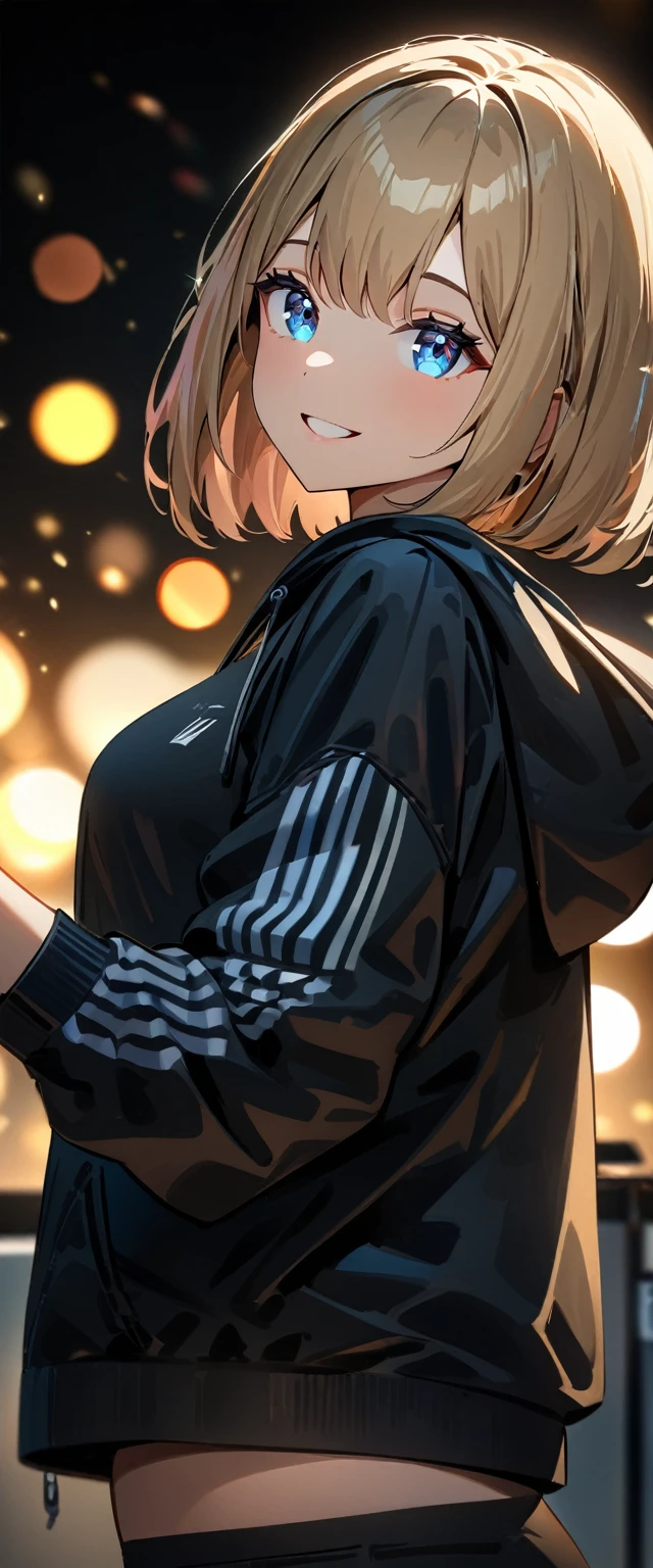 (((One girl))), blond hair, bob cut, (upper body), (looking at viewer), breasts, teenager, head tilt:1.3, (((blue eye))), (from side), selfie, ((happy smile)), black hoodie, black shorts:1.3, anime style, (best quality, 4k, 8k, highres, masterpiece:1.2, ultra-detailed, ultra-detailed eyes, HDR, UHD, studio lighting, ultra-fine painting, sharp focus, physically-based rendering, extreme detail description, professional, vivid colors, bokeh)