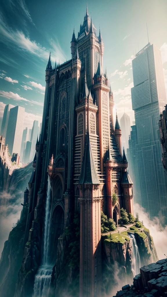 Huge castles and skyscrapers floating in the air Cyberpunk fantasy world Top quality ultra high definition utopia 8K Giant waterfalls nature，future