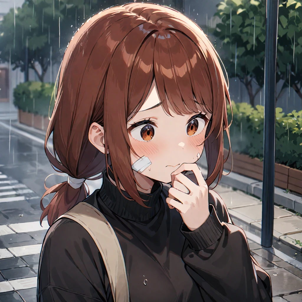 1 girl, Shoko Nishimiya, from Koe no Katachi, center, slightly sad expression, wearing a black sweatshirt, with a small bandage on her cheek, long brown hair tied in a low ponytail, with a few loose strands framing her face, standing in a rainy street, with the rain blurring the background details, masterpiece, best quality, very aesthetic, absurdres, ((medium quality)), ((medium quality))