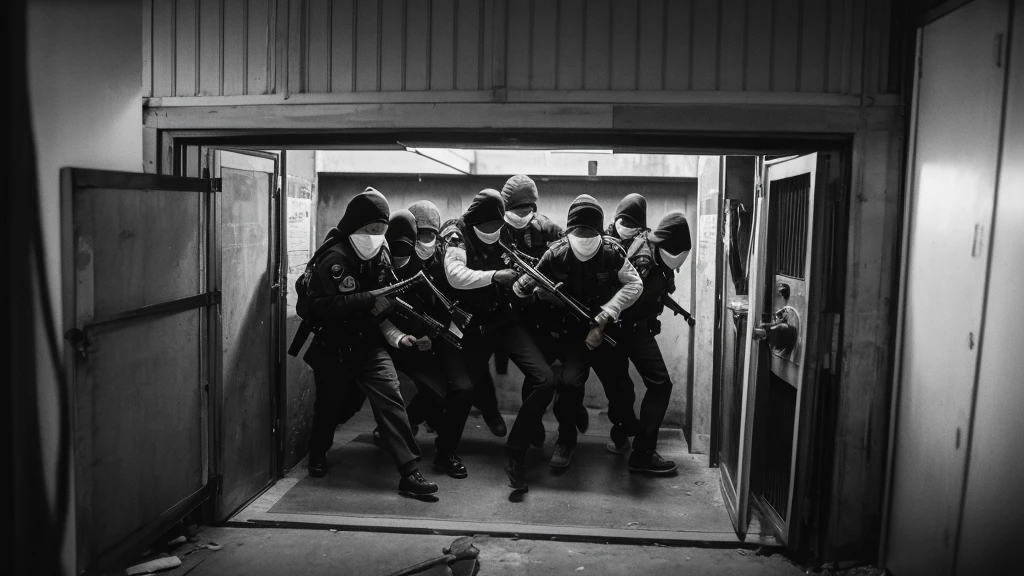 1930s, monochrome photography, A group of terrorists in Southeast Asia, Robbers breaking into a safe, mouth and nose covered with a black bandana, 32K, Best quality, Masterpiece, super detail, High Details,