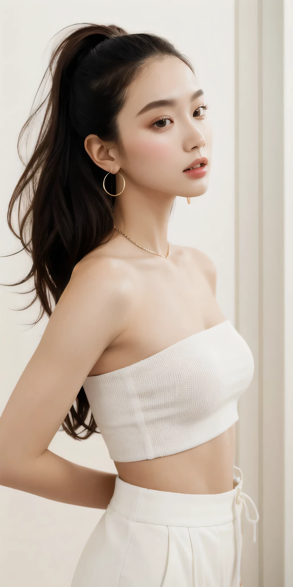 masterpiece, best quality, solo, 1girl, luminous skin, hoop earrings, glamorous, whimsical details, slicked hair, mesmerizing, bare shoulder, crop top, long pants, shallow depth of field, contrapposto, professional model, face front, portrait 
