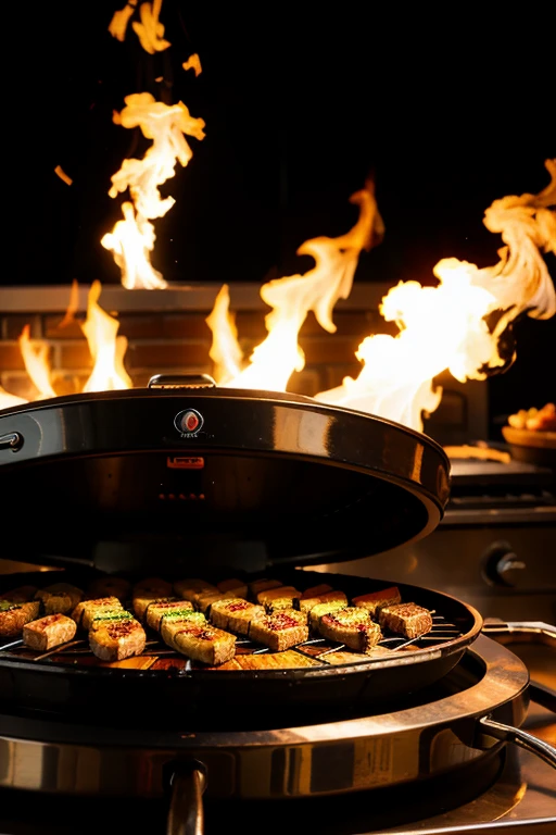 [Shot of a sizzling grill with smoke rising, followed by the brand logo appearing on the screen.]