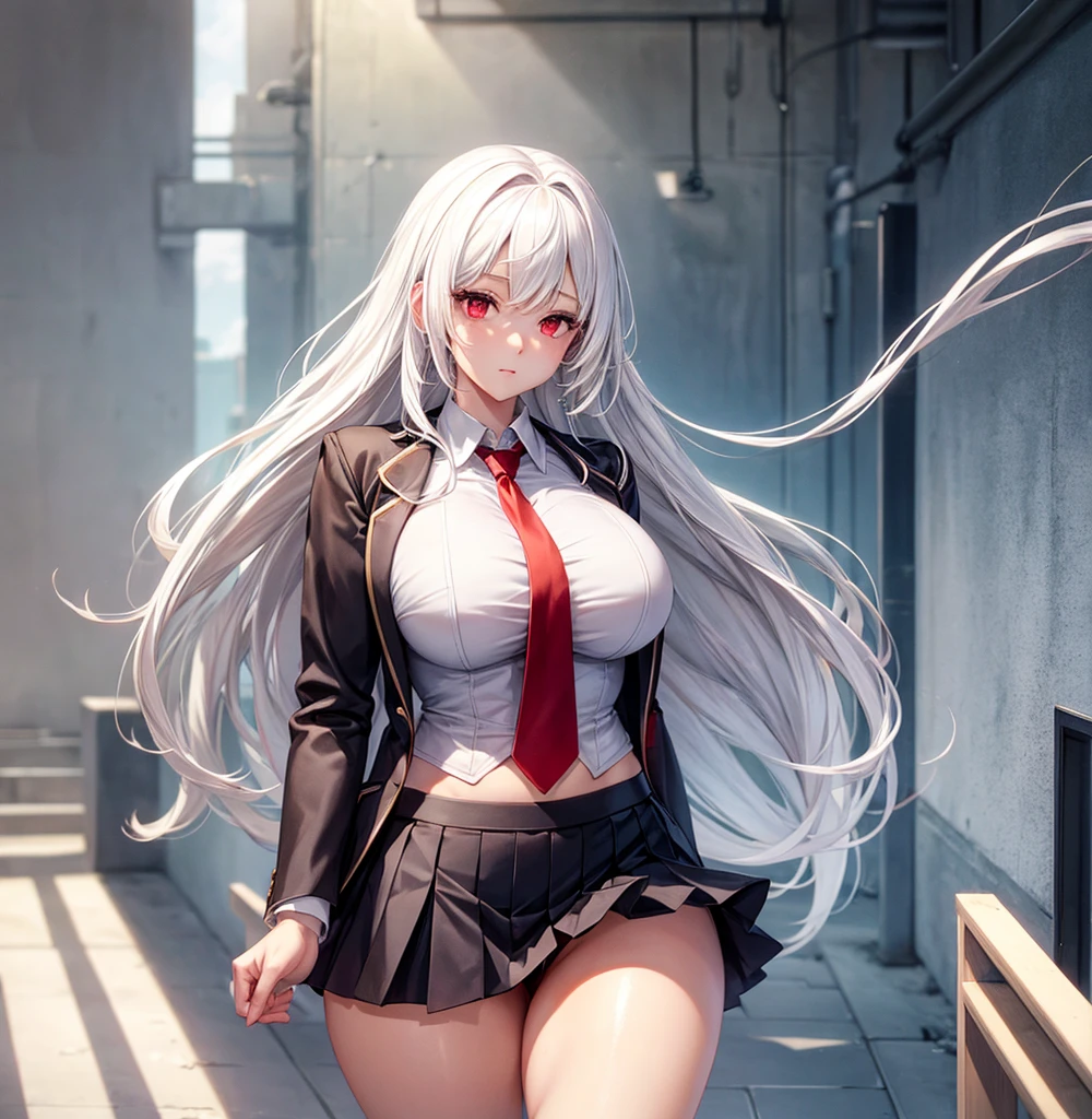 Beautiful girl, white hair,red eyes, smooth skin, , thick thighs, large chest, school blazer,short skirt, panties 