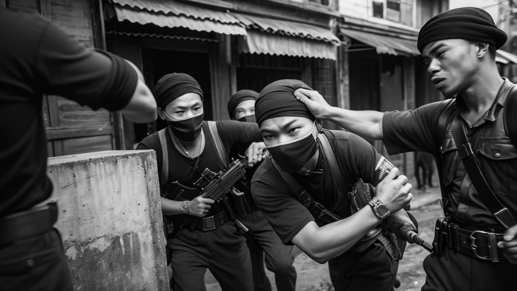 1930s, monochrome photography, A group of terrorists in Southeast Asia, Robbers breaking into a safe, mouth and nose covered with a black bandana, 32K, Best quality, Masterpiece, super detail, High Details,