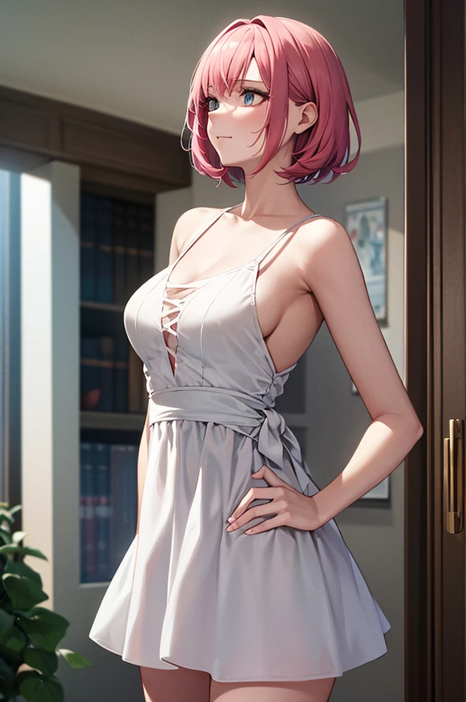 Alcanevi, A woman with medium-short pink hair wearing a white dress, Woman's face, Unreal Engine Character Art, Portraiture