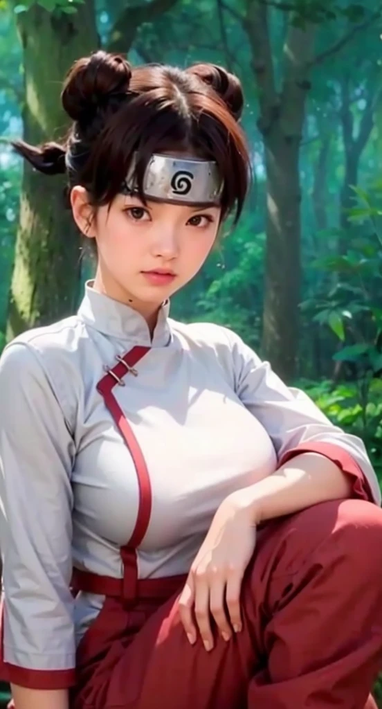 Live-action version of this character, Korean teen beauty,Focus on your audience,A realistic pink headband made of iron with leaves.,(The Konohagakure logo is printed on the headband),Realistic jungle background with lots of grass, Ultra-realistic, Realistic Light, Realistic Shadows, realism,(Realistic:1.2), (Realistic same outfit),