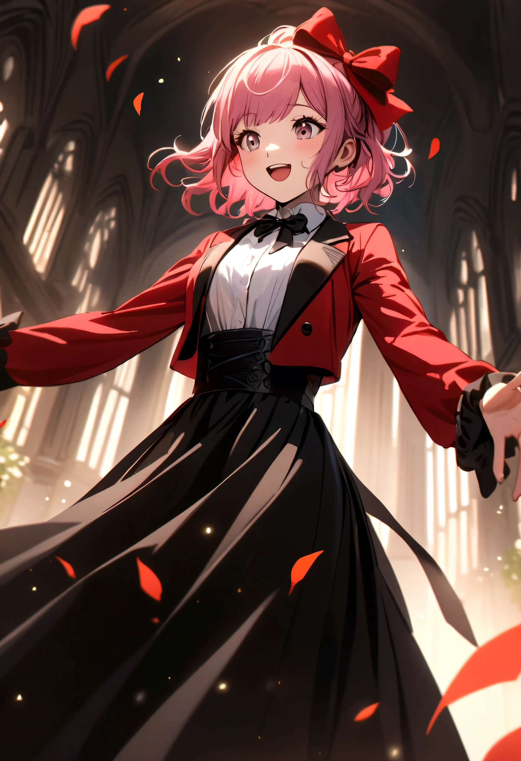 Girl with pink hair, in formal wear with red sleeves, in a black skirt, with a red bow on his head
