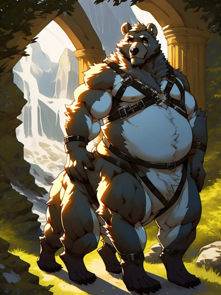 brown bear, furry, fur taur, beartaur, middle-age, detailed face, bear ears, bear eyes(brown), bear nose(black), garibaldi beard(white), mature hair(white), detailed hands, detailed body belly, muscle belly, chest harness, detailed taur body, bear paws, bear tail