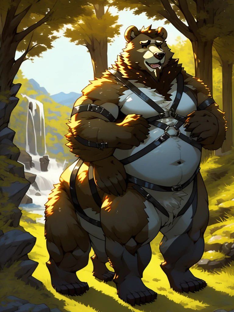 brown bear, furry, fur taur, beartaur, middle-age, detailed face, bear ears, bear eyes(brown), bear nose(black), garibaldi beard(white), mature hair(white), detailed hands, detailed body belly, muscle belly, chest harness, detailed taur body, bear paws, bear tail