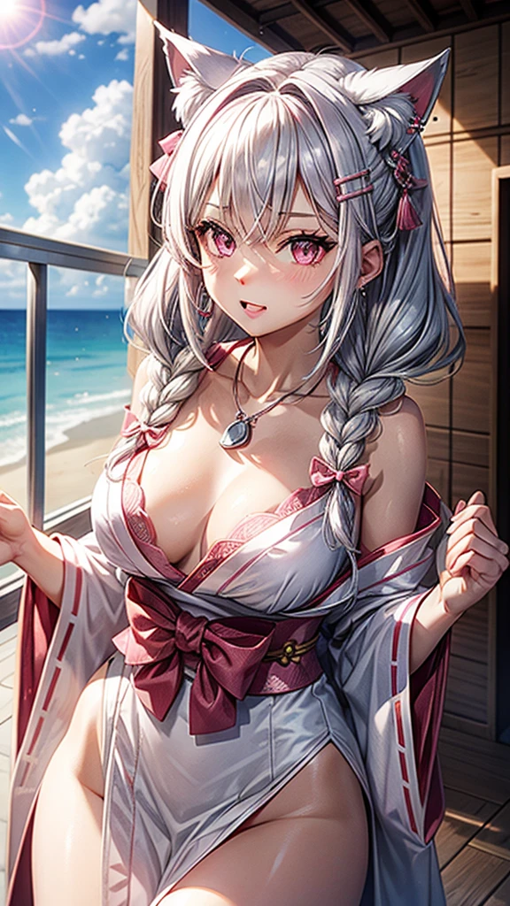 Silver hair, pink eyes, body, cat ears, sexy girl, earrings, cloud and sun background, hair bows, mitsuri, red pink kimono, bells necklace, braids