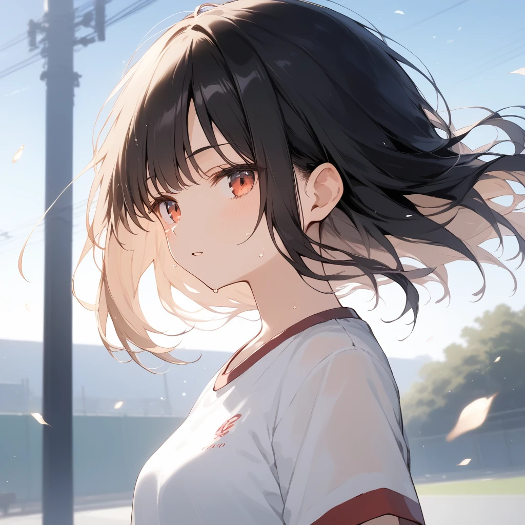 score_9, score_8_up, score_7_up, source_anime, best quality, masterpiece, official art, absurdres, highres, ultra-detailed,waifu2x,Collection: Slice of Life,break,1girl, 15-year-old, short hair, black hair, small breasts, beautiful detailed eyes, well-proportioned iris and pupils, parted lips, beautiful detailed lips, gym uniform, byke shorts, sweat, expressionless, sleepily, School ground, outdoors, wind, break,(clear line illustration:1.2),very high resolution, very aesthetic, super detailed skin, Best cinematic lighting powered by famous artist, 8k, beauty illustration,photoshop_(medium),,(Detailed Lighting),best anime 8k konachan wallpaper, pixiv contest winner,