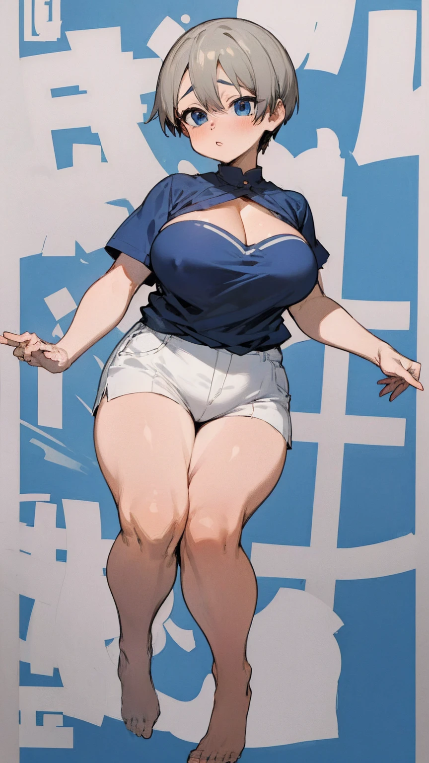 masterpiece, best quality, ultra-detailed, Potrait of beautiful , (chubby) (muscular), (plump), (sexly), (cleavage), ((tomboy)), (アニメ), (Breasts), (Plump), ((very short hair)), ((Uzaki Hana)), (overweight), (Gray Hair) (Wearing white clothes), ((Saggy breasts)), (blue eyes), (Short Hair), (blue eyes), ((thick)), (sleeves are blue), (Short sleeve), (fullbody)