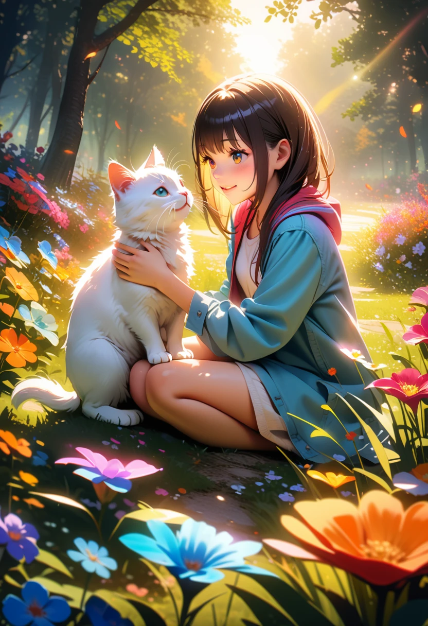 girl, Cute, Kittens, play, USA, beautiful detailed eyes, beautiful detailed lips, extremely detailed eyes and face, Long eyelashes, fluffy fur, Sun Ray, Colorful flowers, happy expression, soft grass, gentle breeze, happiness, friendship, Natural environment, bright colors, playful atmosphere, amazing, Innocence, harmony, spring, youthful energy, Sun Ray filtering through the trees, warm and inviting, cheerful, peaceful, amazing, a magic moment [art:1.1], Striking illustration, A high resolution, bright colors, studio lighting, exquisite details, Photorealistic, charming, touching, Live composition, master strokes, breathtaking, charming, amazing scene, perfect harmony between the girl and the Kittens, high contrast, complex parts, volumetric lighting, (dynamic composition:1.0), very detailed, Colorful details, (iridescent colors), Glowing Lighting, atmospheric lighting, Dreamy, magic, (One), lens flare, (Colorful:1.0), cinematic light, A high resolution, sharp focus, smooth, Colorful light, particles,