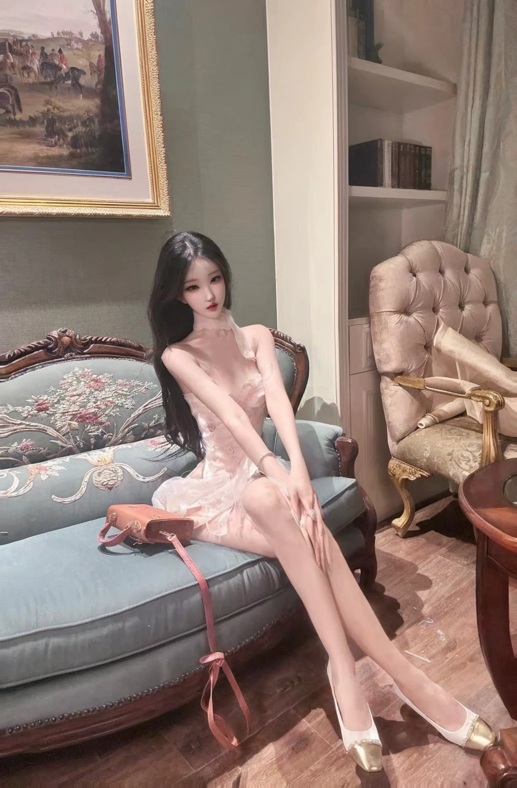 A woman sitting on the sofa in the living room, On models. high quality,, Light milky white porcelain skin, very detailed and high quality, Height 165 cm, Beautiful Chinese model, Japanese porcelain mannequin, Sky Doll Sword, Full body fairy, Surreal sweet bunny girl, Silly's figure