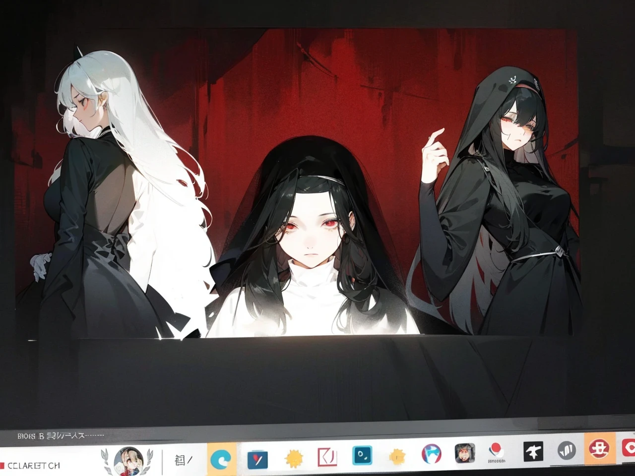 Make an anime poster, has 4 women in it, on the left side a classy dressed beauty with only the colors red and white, has an angelic presence but a demonic personality, she wears a hat on her head and a long mature gown. On the middle, a millitary general with black and white hair, and a blindfold covering her eyes. Behind her in the back, a woman faded in the background, only her eyes red Phoenix can be seen. Finally at the very right side a nun with a blindfold and a church nun fantasy black dress, holding her hands together symbolizing a prayer gesture.