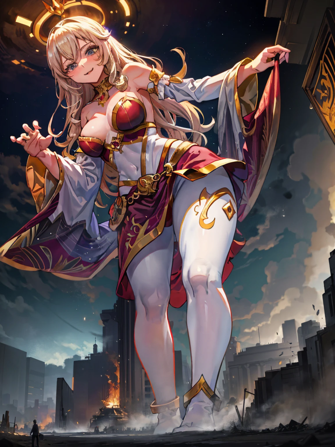 Evelina, a 50-meter-tall deity, emerges from her dawn-lit cavern. Her glowing golden skin and fiery wavy hair fall over her shoulders. Standing on a plain, her majestic and seductive posture features one leg forward and one hand on her hip. Her piercing gaze and suggestive smile mesmerize the humans at her feet, while her perfect body exudes an aura of divine eroticism.