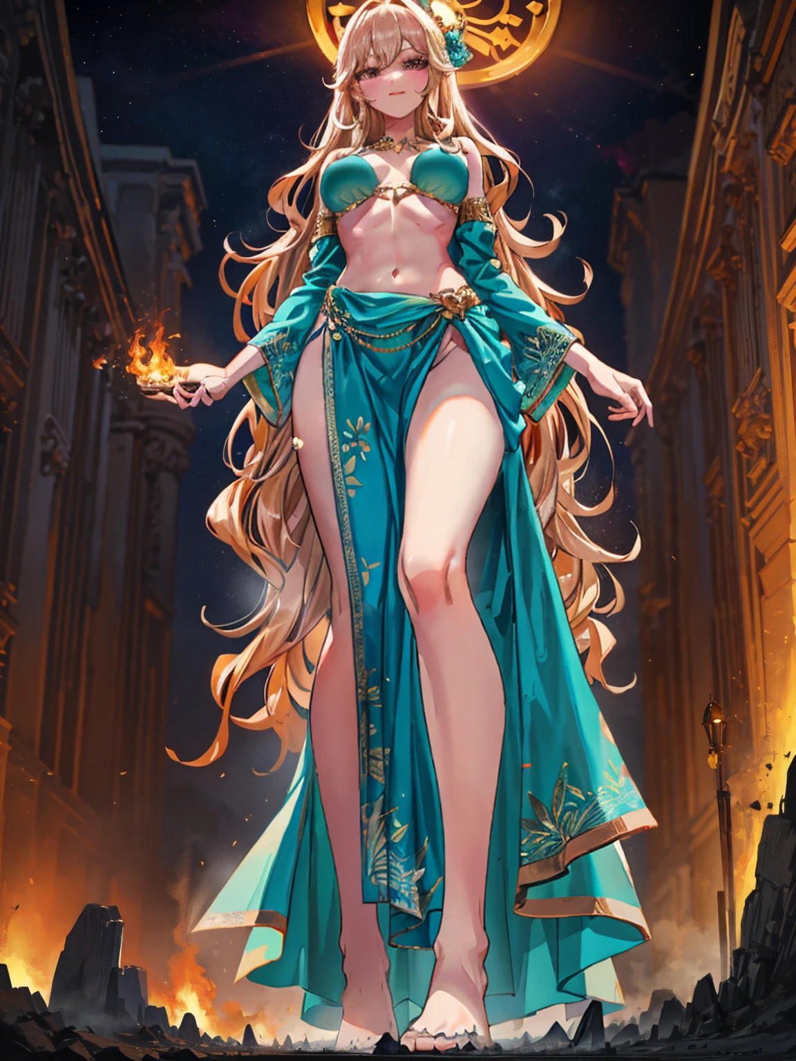 Valeria, a titanic 58-meter goddess, rises from a cliff at dawn, her bronze skin glistening in the first rays of the sun. Her golden, wavy hair cascades down her back and shoulders. Standing on a vast plain, her posture is firm and provocative, one leg slightly forward and one hand resting on her hip. Her piercing, lustful eyes watch the people at her feet, captivated by her magnetic presence. Her lips curl into a seductive smile and her divinely sculpted body exudes an aura of overwhelming eroticism, casting a spell of desire and adoration over all who gaze upon her.