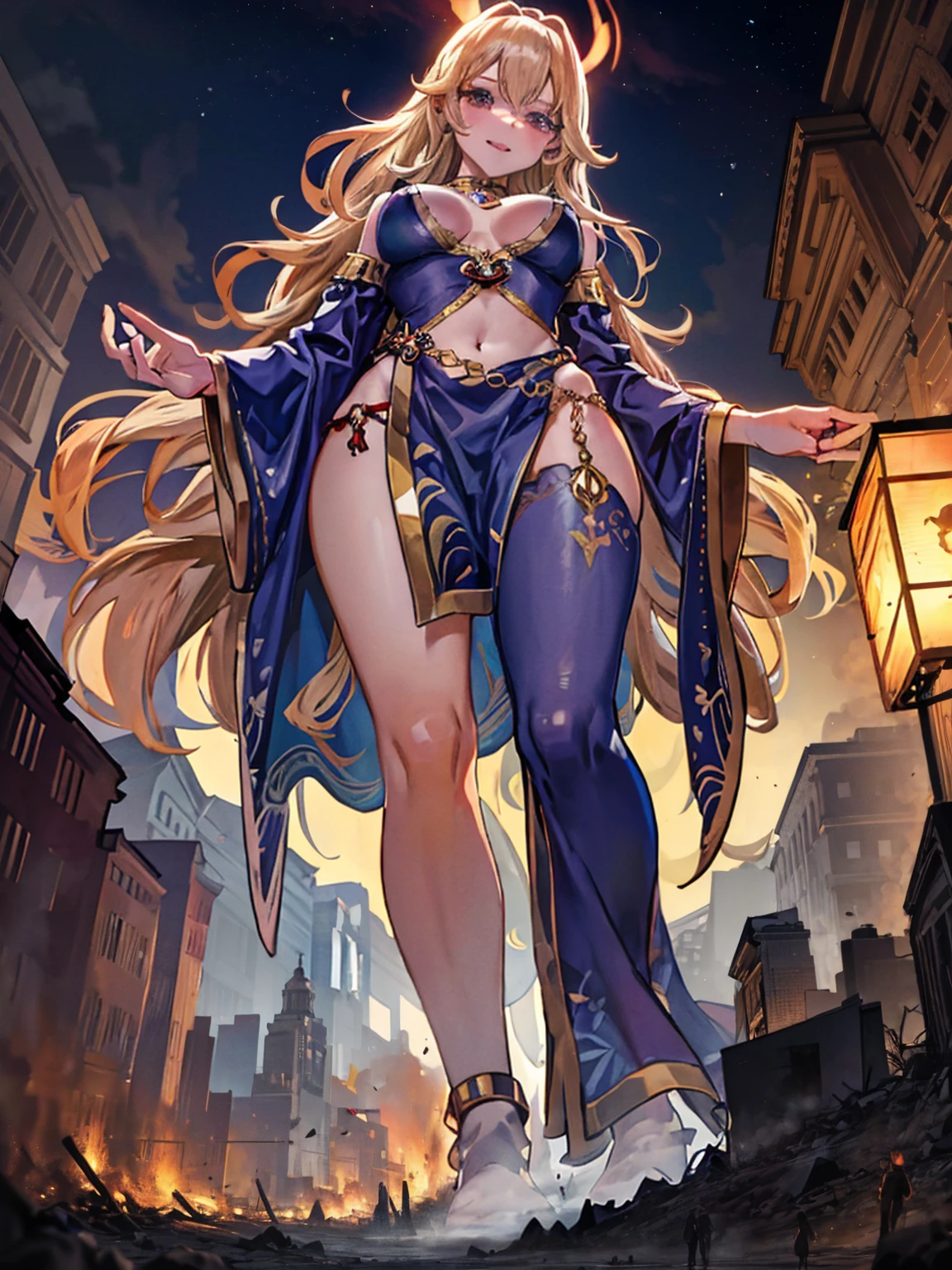 Evelina, a 50-meter-tall deity, emerges from her dawn-lit cavern. Her glowing golden skin and fiery wavy hair fall over her shoulders. Standing on a plain, her majestic and seductive posture features one leg forward and one hand on her hip. Her piercing gaze and suggestive smile mesmerize the humans at her feet, while her perfect body exudes an aura of divine eroticism.