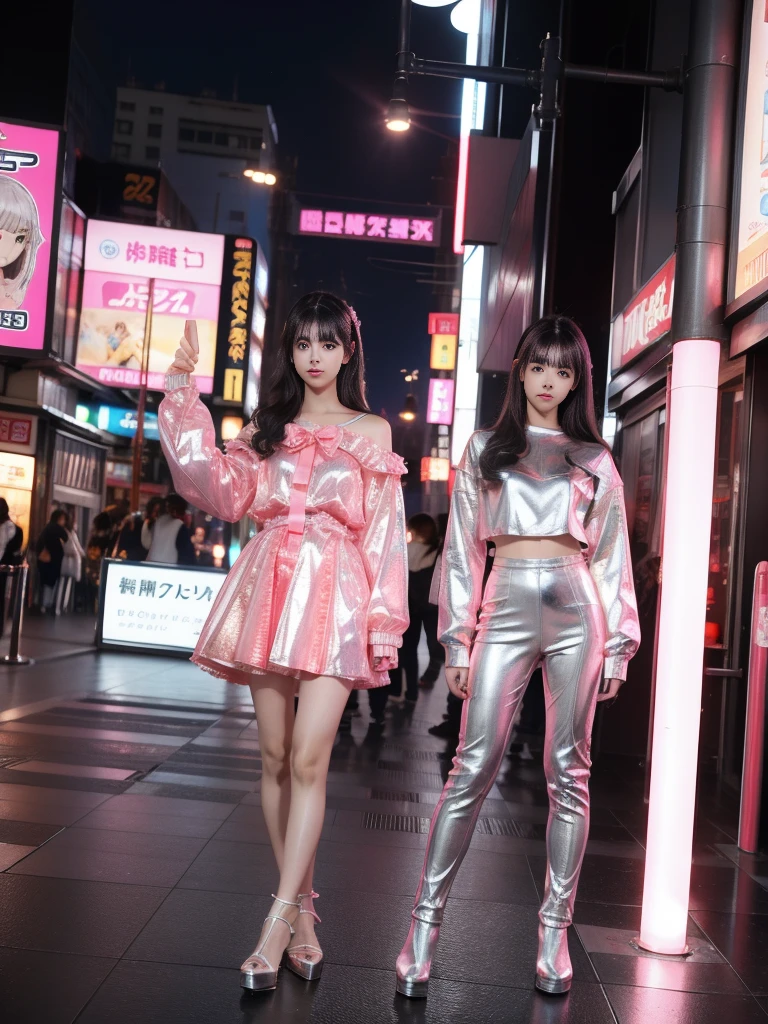 Mecha Girl, pink, Silver, pink, metallic, Robot parts, Detailed face, Highest quality, Small face, whole body, Are standing, Black Hair, Half Twin, thin, looking at the camera, Mecha Exposure, Idol, Live Action,, 7 heads, gravure, Photo session, akihabara, Moe, front