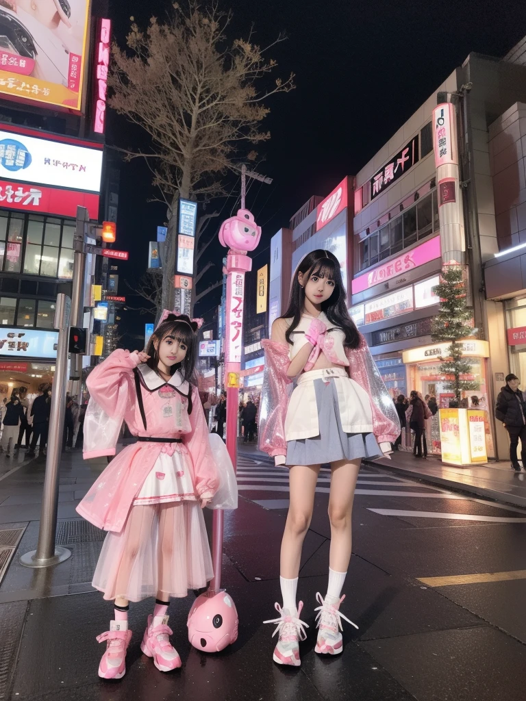 Mecha Girl, pink, Silver, pink, metallic, Robot parts, Detailed face, Highest quality, Small face, whole body, Are standing, Black Hair, Half Twin, thin, looking at the camera, Mecha Exposure, Idol, Live Action,, 7 heads, gravure, Photo session, akihabara, Moe, front