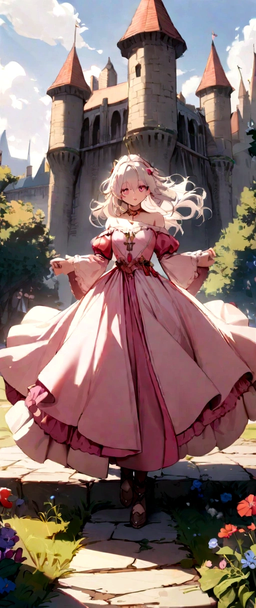 ((best quality, masterpiece)),
1girl, princess pink dress, flowers, white messy hair, outdoor, clouds on background,fantasy, medieval, castle on background