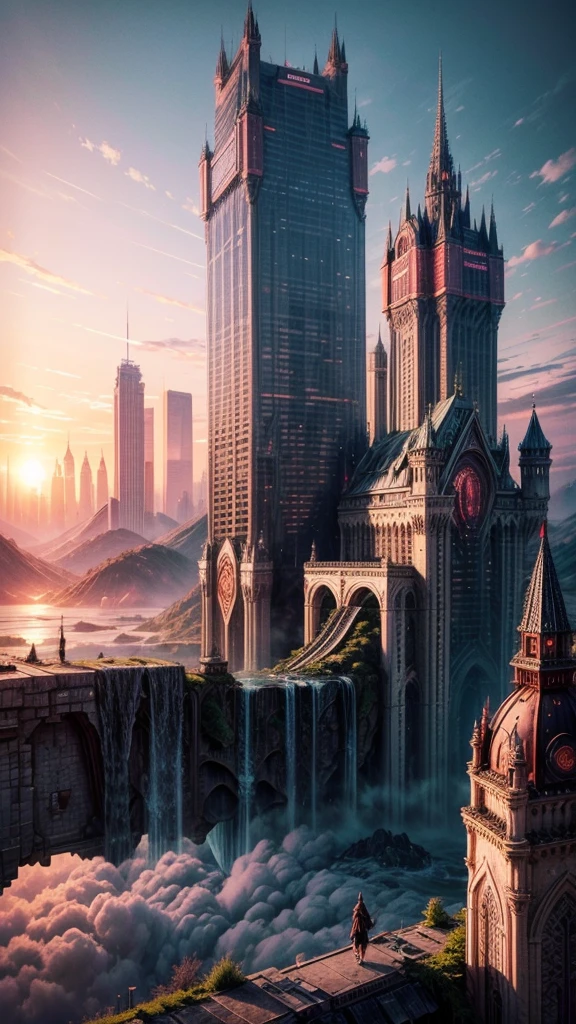 Huge castles and skyscrapers floating in the air Cyberpunk fantasy world Top quality ultra high definition utopia 8K Giant waterfalls nature,future,Sunset