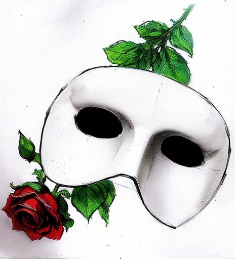 a drawing of a white mask with a rose on it, theater mask, masqua, ( ( mask ) ), broken mask, white mask, mask, by Rhea Carmi, ghost mask, by Eva Gonzalès, phantom, drama masks, rose, by Ignacio Zuloaga, shaded, the mask is broken, drawn, by Ayako Rokkaku