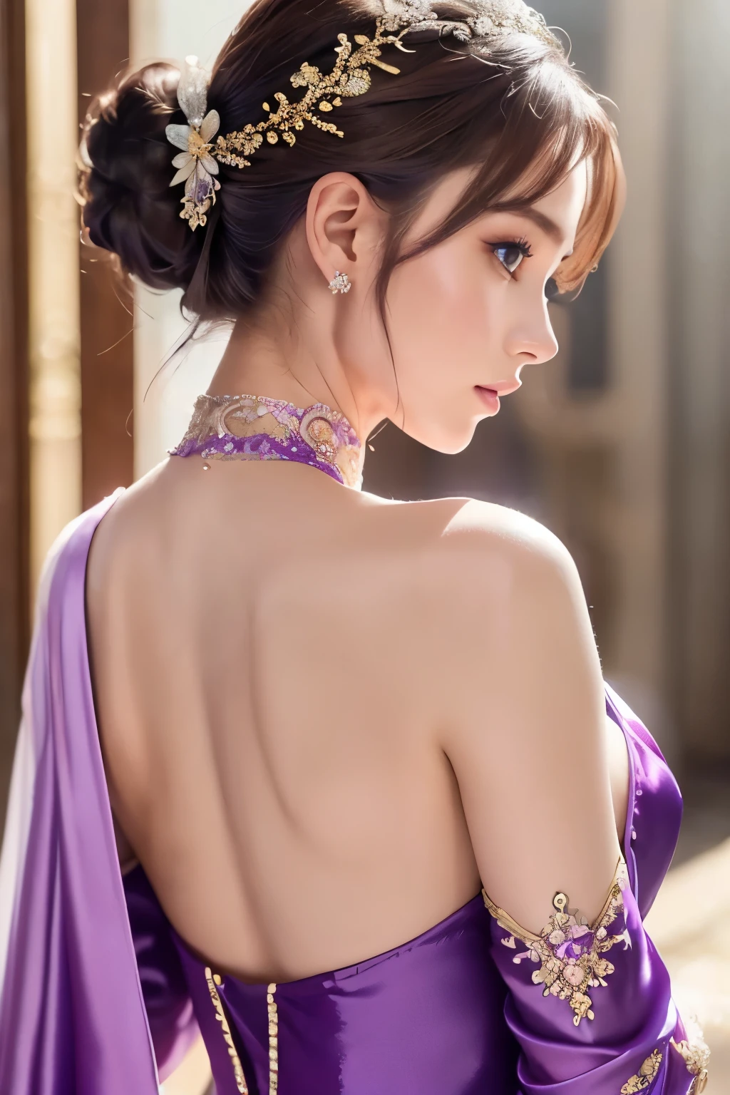 8K、 (Super sexy purple outfit made of shiny silk), Enchanting Girl, Very detailed,Audrey Hepburn, Exquisite decorative details 、Pastel tones 、 Very intricate details 、 Realistic Light,Luxury Bridal Dress,(((sideboob)))、From the side、Elegant cuteness
