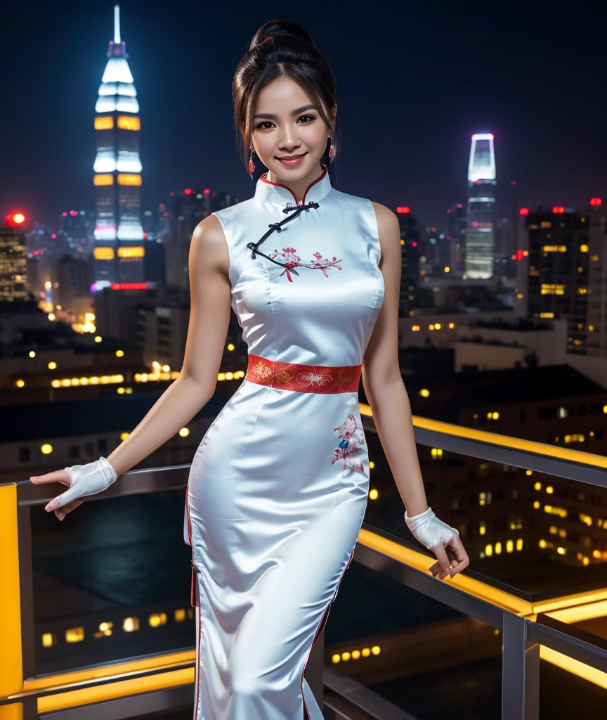 Smiling white woman mage, solo full body, slim waist, large hips, ponytail haircut, light brown haircut, small breasts, elegant (qipao:1.3), exposed cleavage, chockers, earrings, gloves, stockings, night city view, extremely detailed face, highly detailed skin, realistic smile and eyes, photorealistic, Kodak photography, 8k, HDR, professional style, dawn lights ((Best quality, 8k, Masterpiece:1.3)), dramatic angle, extreme angle shot, vibrant color grading, epic fantasy