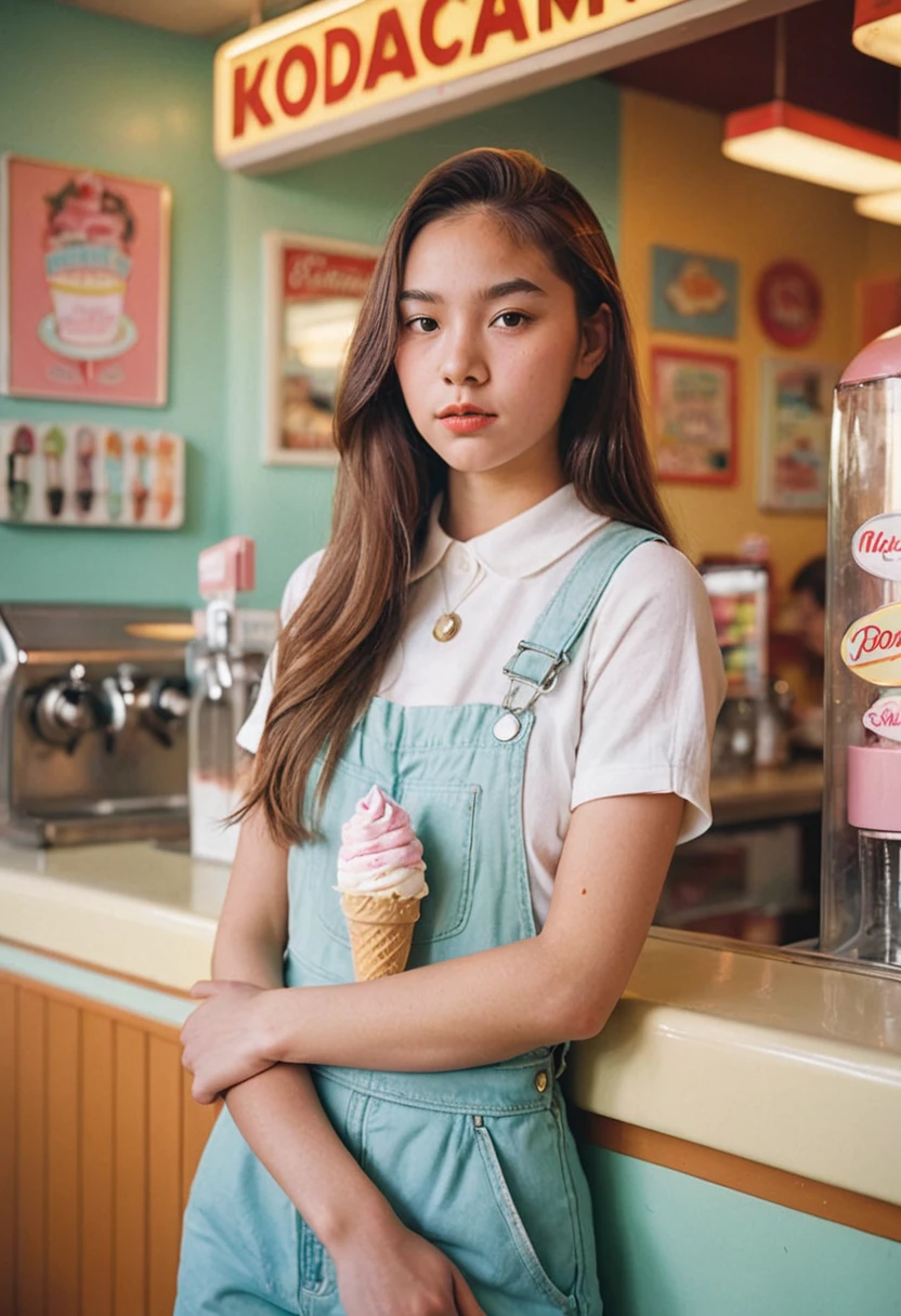 Portrait MagMix Girl looking at the camera, Long Hair, Overalls, A retro ice cream shop with pastel-colored walls, Classic Soda Fountain Counter, Vintage ice cream poster, bathed in warm sunlight, Analog Film Photography, Kodachrome.