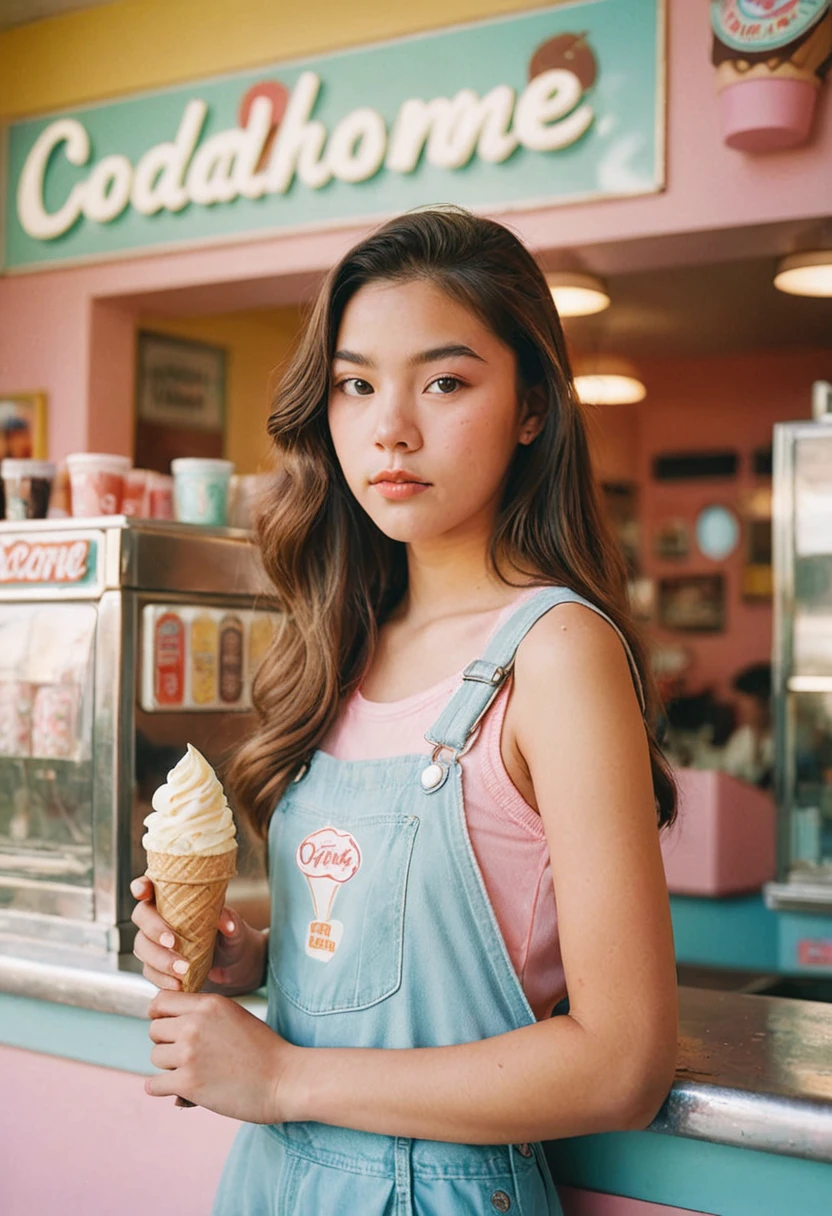Portrait MagMix Girl looking at the camera, Long Hair, Overalls, A retro ice cream shop with pastel-colored walls, Classic Soda Fountain Counter, Vintage ice cream poster, bathed in warm sunlight, Analog Film Photography, Kodachrome.