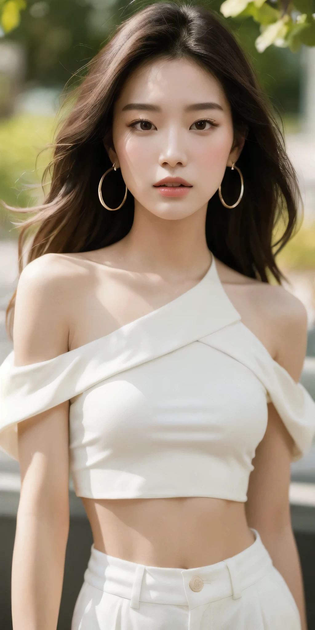 masterpiece, best quality, solo, 1girl, luminous skin, hoop earrings, glamorous, whimsical details, slicked hair, mesmerizing, bare shoulder, crop top, long pants, shallow depth of field, contrapposto, professional model, face front, portrait