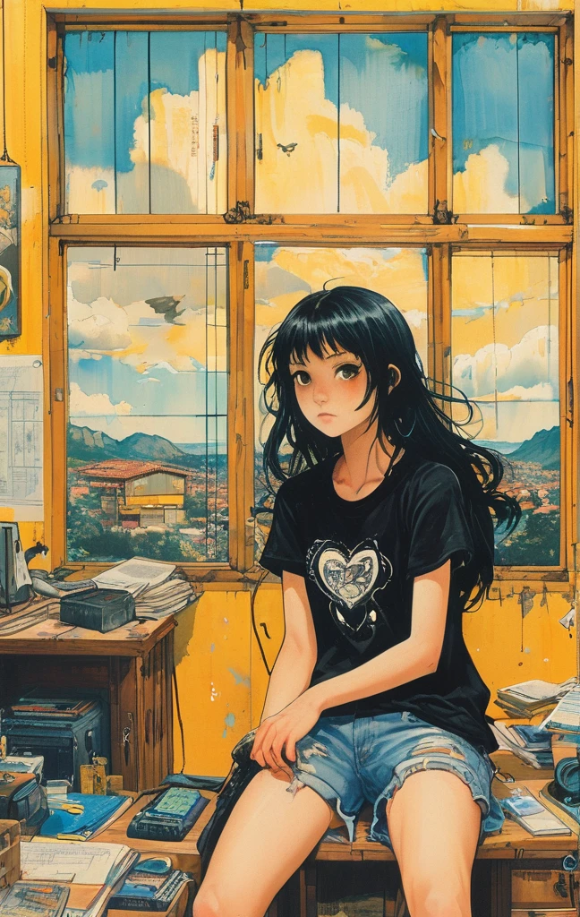A detailed anime-style illustration of an emo angel girl with long black hair, sitting in a cluttered room. She is wearing a black t-shirt and shorts, with a listless expression. The background features various notes, tools, and a bright yellow wall with a blue sky visible through a window, creating a vibrant and eclectic atmosphere.