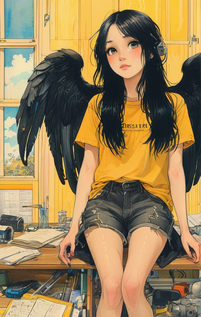 A detailed anime-style illustration of an emo angel girl with long black hair, sitting in a cluttered room. She is wearing a black t-shirt and shorts, with a listless expression. The background features various notes, tools, and a bright yellow wall with a blue sky visible through a window, creating a vibrant and eclectic atmosphere.