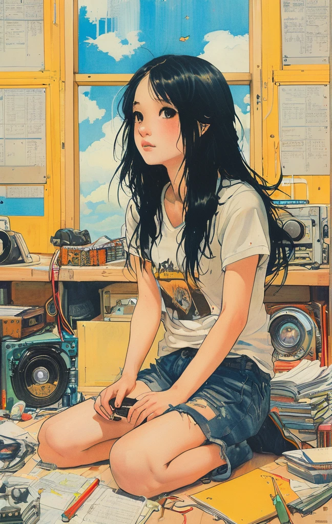 A detailed anime-style illustration of an emo angel girl with long black hair, sitting in a cluttered room. She is wearing a black t-shirt and shorts, with a listless expression. The background features various notes, tools, and a bright yellow wall with a blue sky visible through a window, creating a vibrant and eclectic atmosphere.