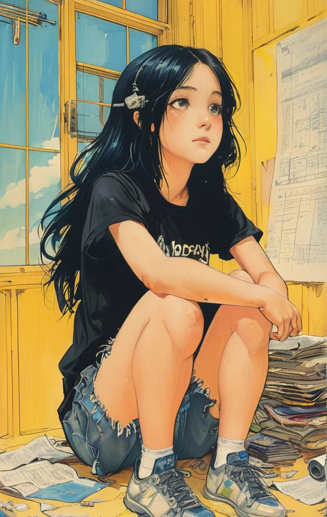 A detailed anime-style illustration of an emo angel girl with long black hair, sitting in a cluttered room. She is wearing a black t-shirt and shorts, with a listless expression. The background features various notes, tools, and a bright yellow wall with a blue sky visible through a window, creating a vibrant and eclectic atmosphere.